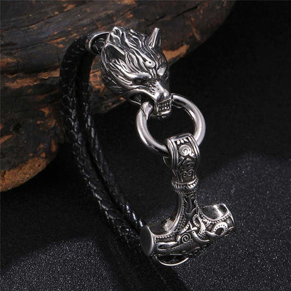 Viking Wolf Head With Thor's Hammer Mjölnir Bracelet