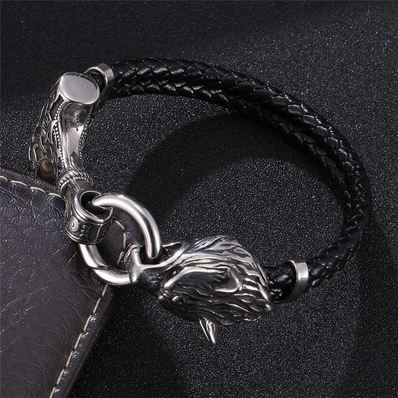 Viking Wolf Head With Thor's Hammer Mjölnir Bracelet