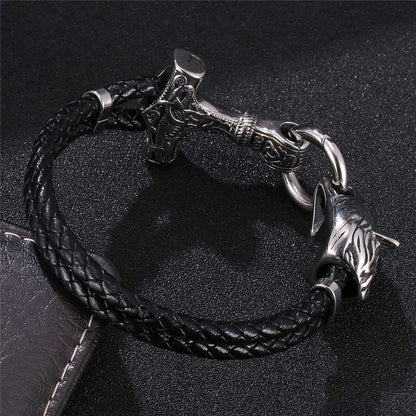 Viking Wolf Head With Thor's Hammer Mjölnir Bracelet