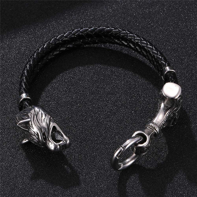 Viking Wolf Head With Thor's Hammer Mjölnir Bracelet