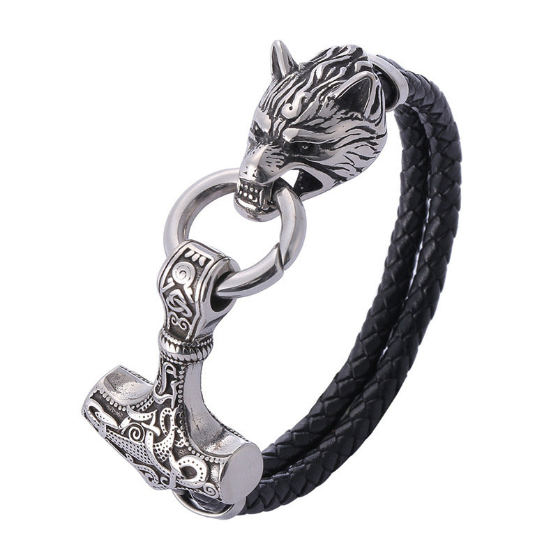 Viking Wolf Head With Thor's Hammer Mjölnir Bracelet