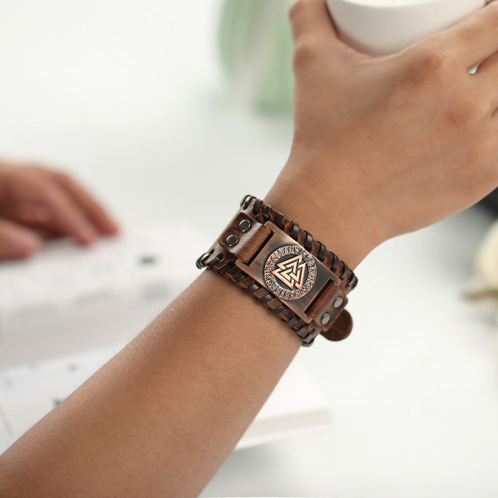 Handmade Viking Leather Valknut Arm Cuff Bracelet