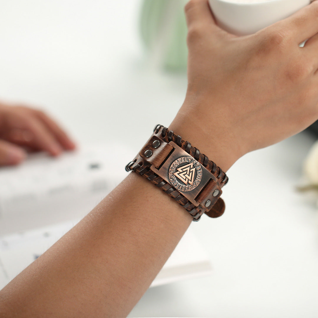 Handmade Viking Leather Valknut Arm Cuff Bracelet
