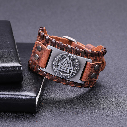 Handmade Viking Leather Valknut Arm Cuff Bracelet