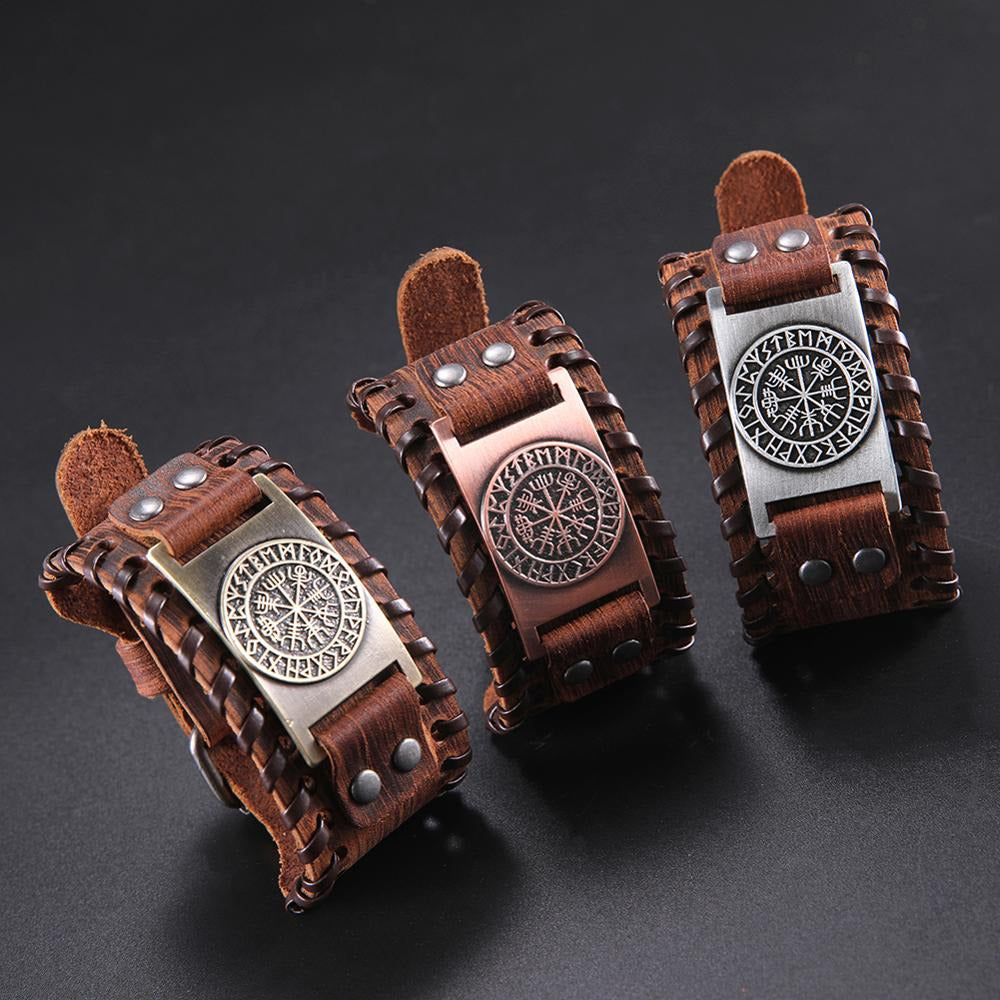 Handmade Viking Leather Vegvisir Arm Cuff Bracelet