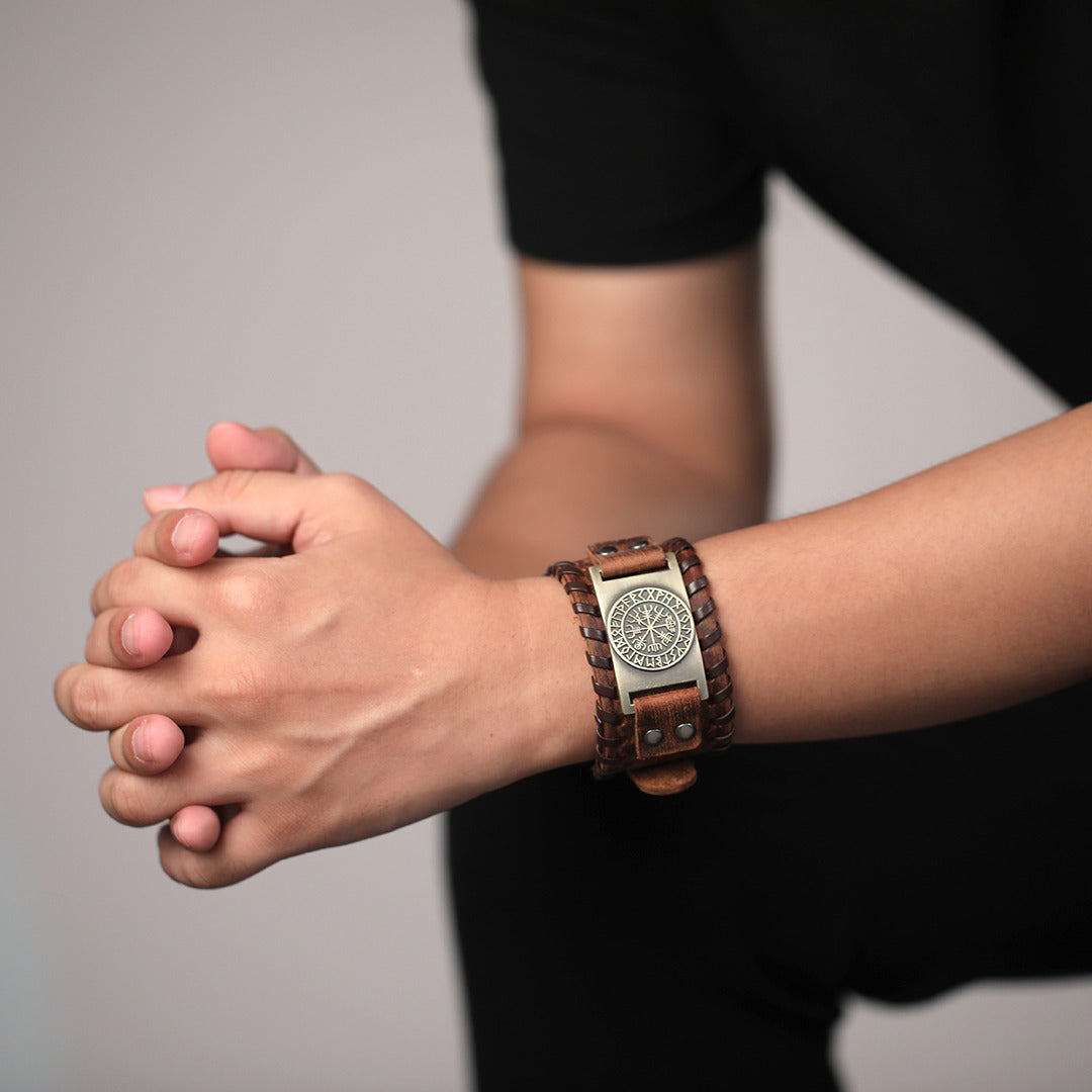 Handmade Viking Leather Vegvisir Arm Cuff Bracelet