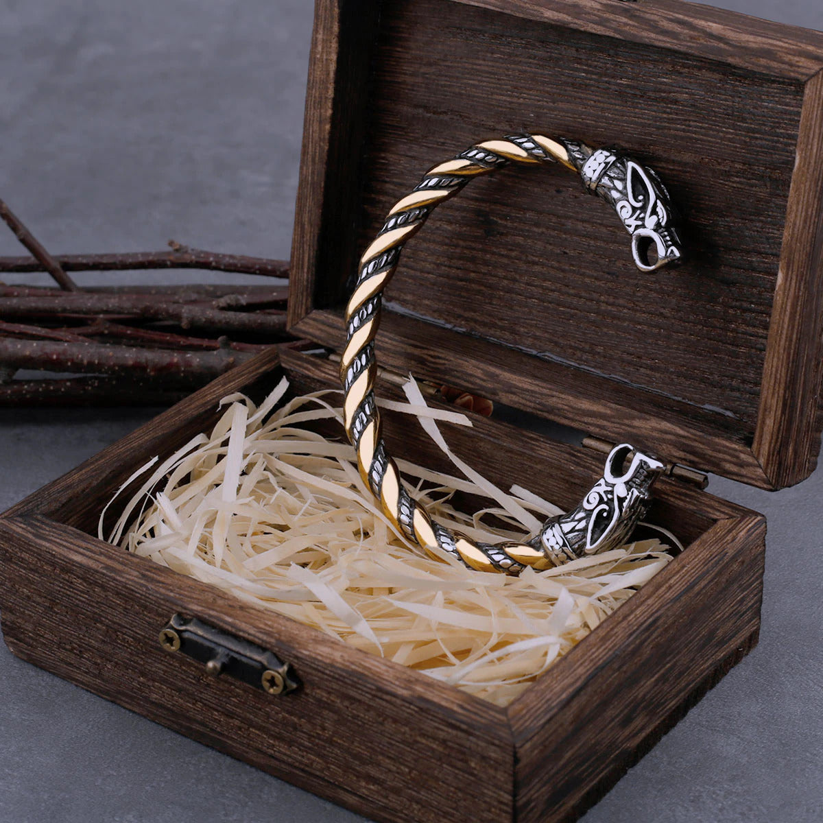 Wolf Head Viking Bracelet With Wooden Box