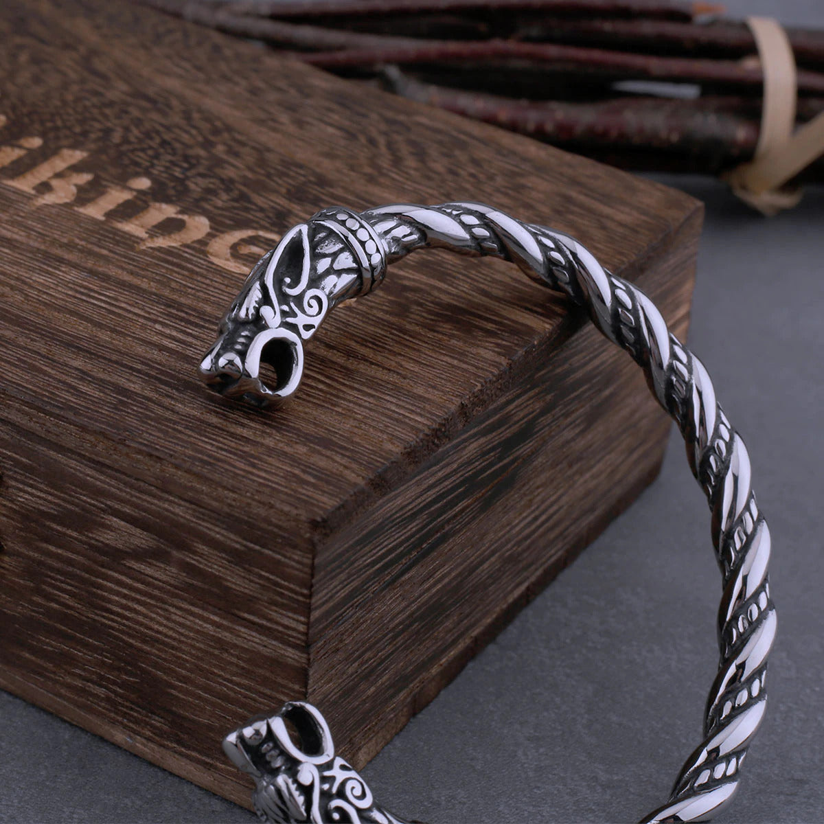 Wolf Head Viking Bracelet With Wooden Box