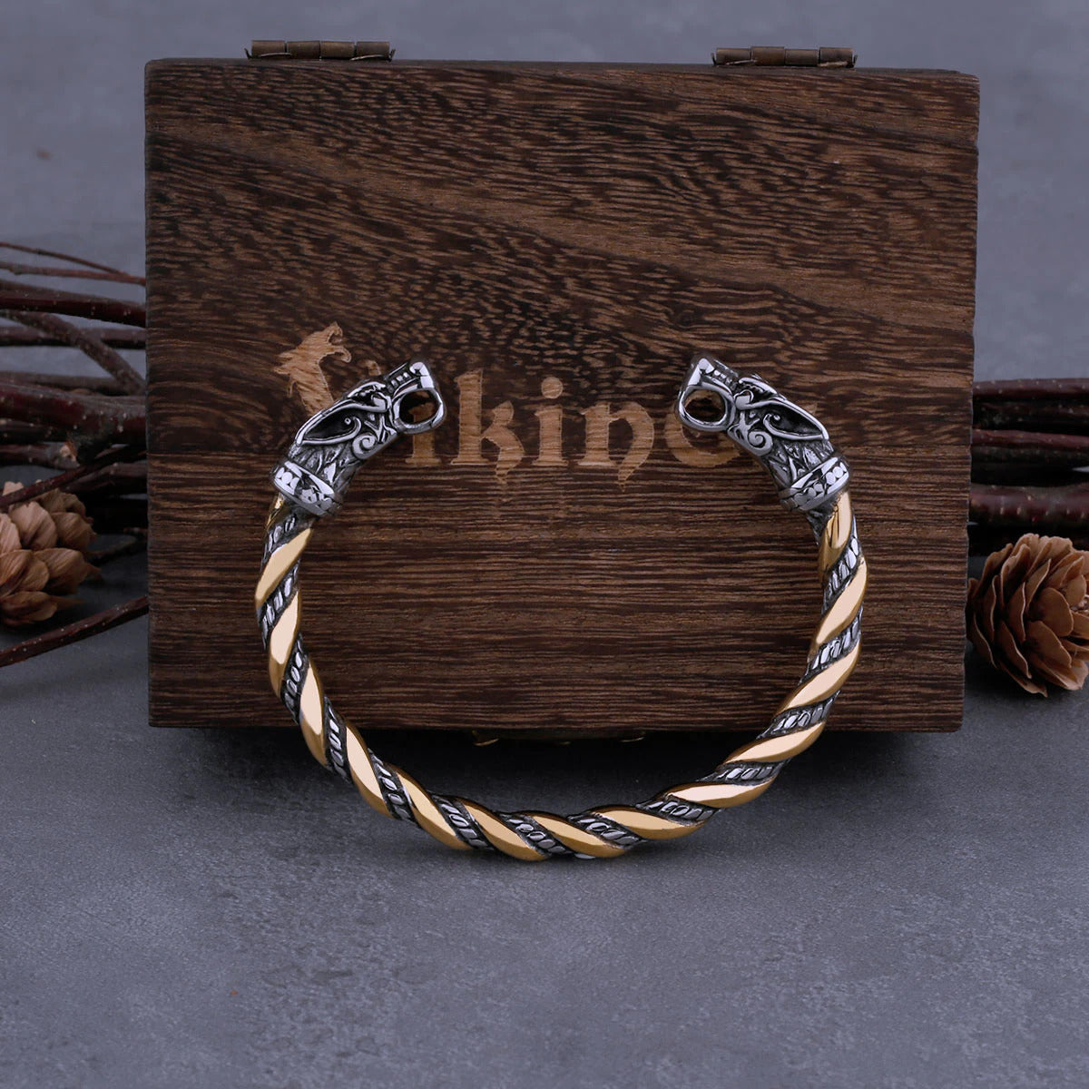 Wolf Head Viking Bracelet With Wooden Box