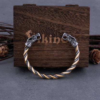 Wolf Head Viking Bracelet with Wooden Box