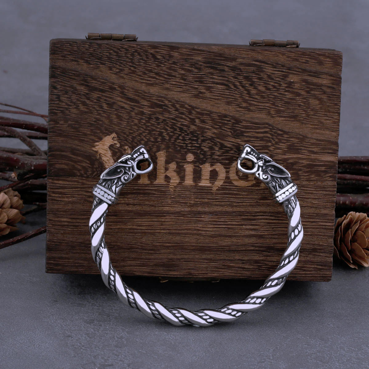 Wolf Head Viking Bracelet With Wooden Box