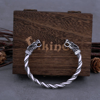 Wolf Head Viking Bracelet with Wooden Box