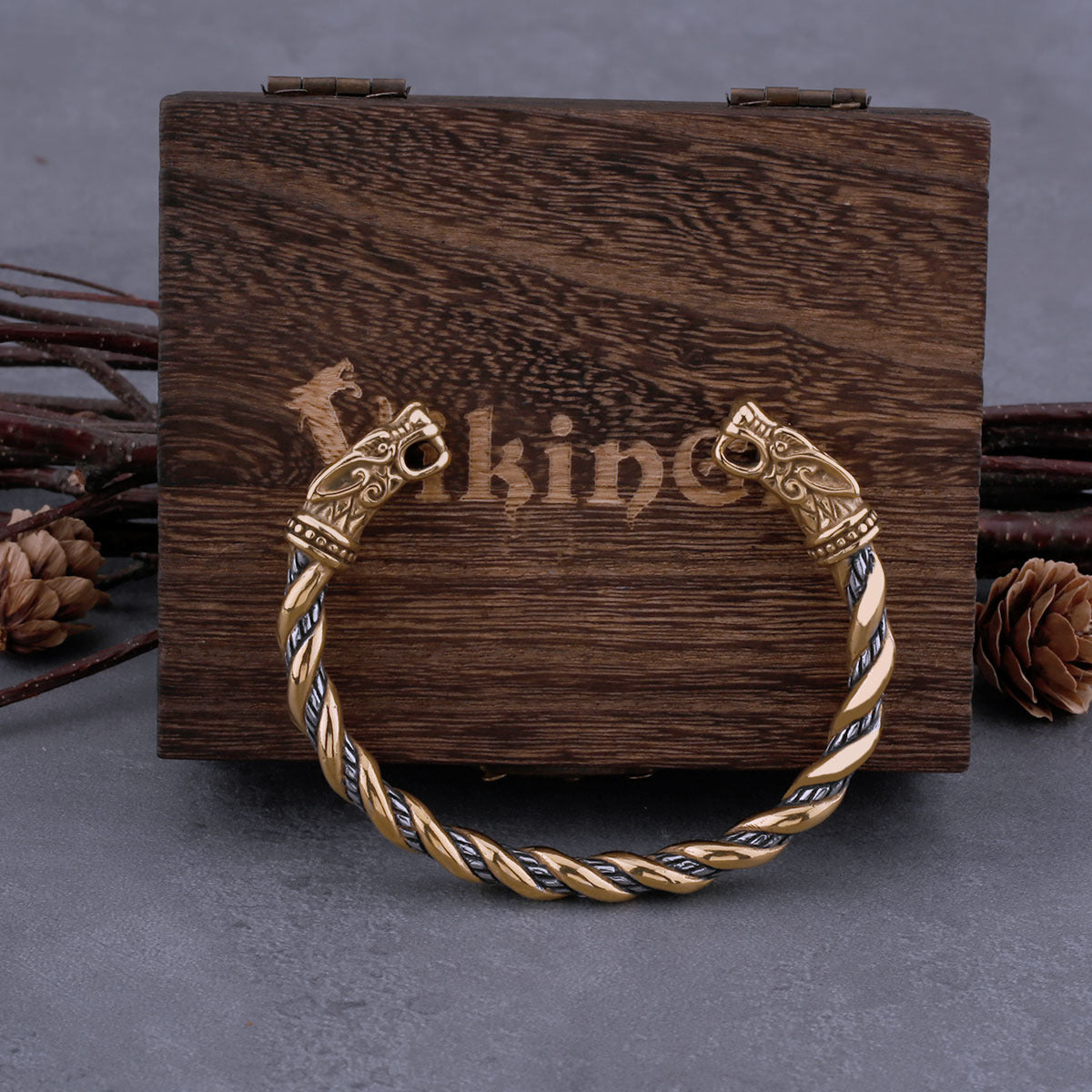 Wolf Head Viking Bracelet With Wooden Box