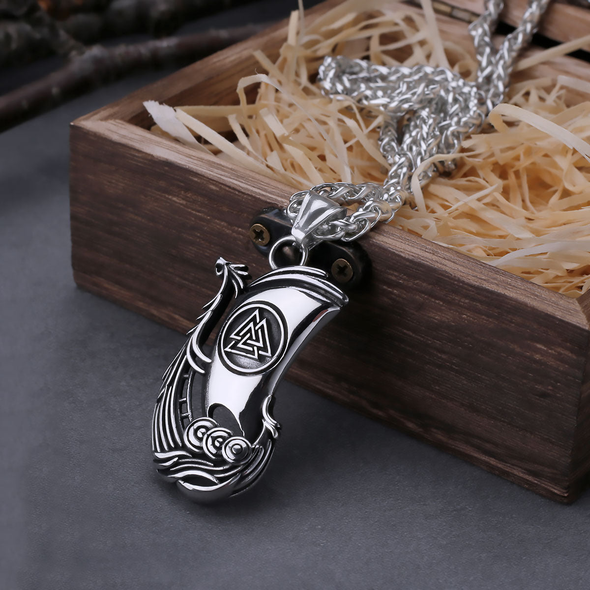 Viking Ship Necklace With Wooden Box