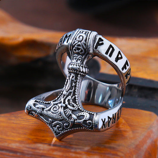Viking Thor's Hammer Ring With Runes