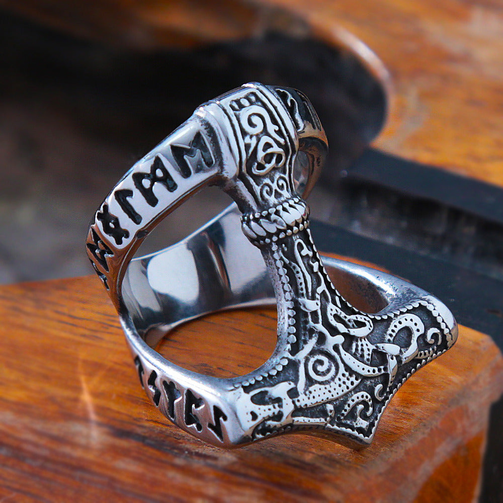 Viking Thor's Hammer Ring With Runes