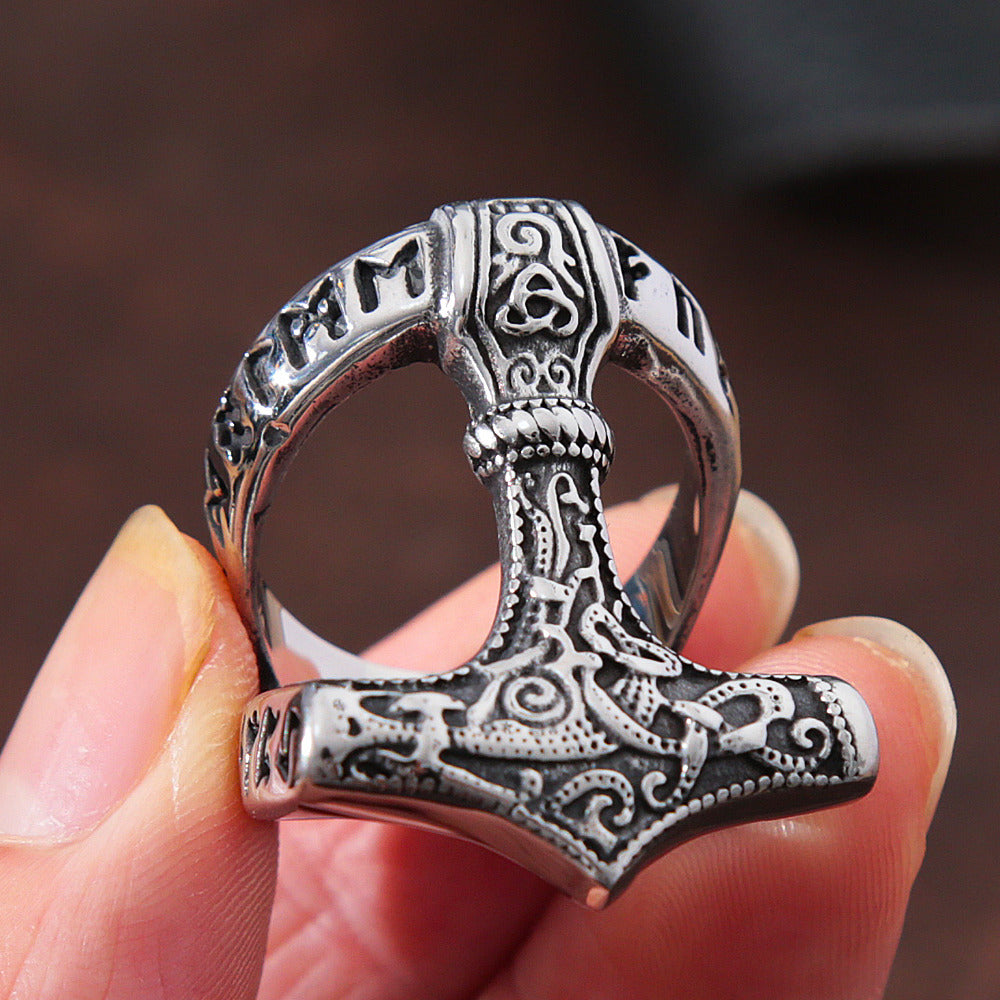 Viking Thor's Hammer Ring With Runes