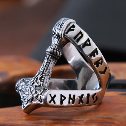 Viking Thor's Hammer Ring With Runes