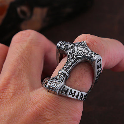 Viking Thor's Hammer Ring With Runes